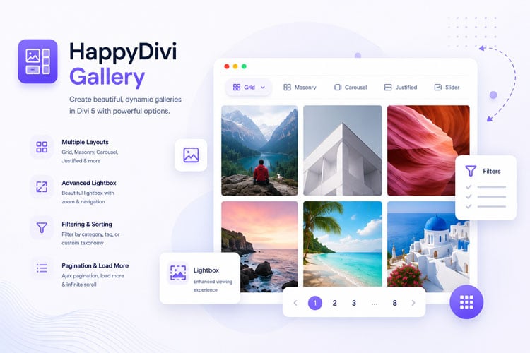 gallery HappyDivi Gallery showing a masonry image layout with lightbox