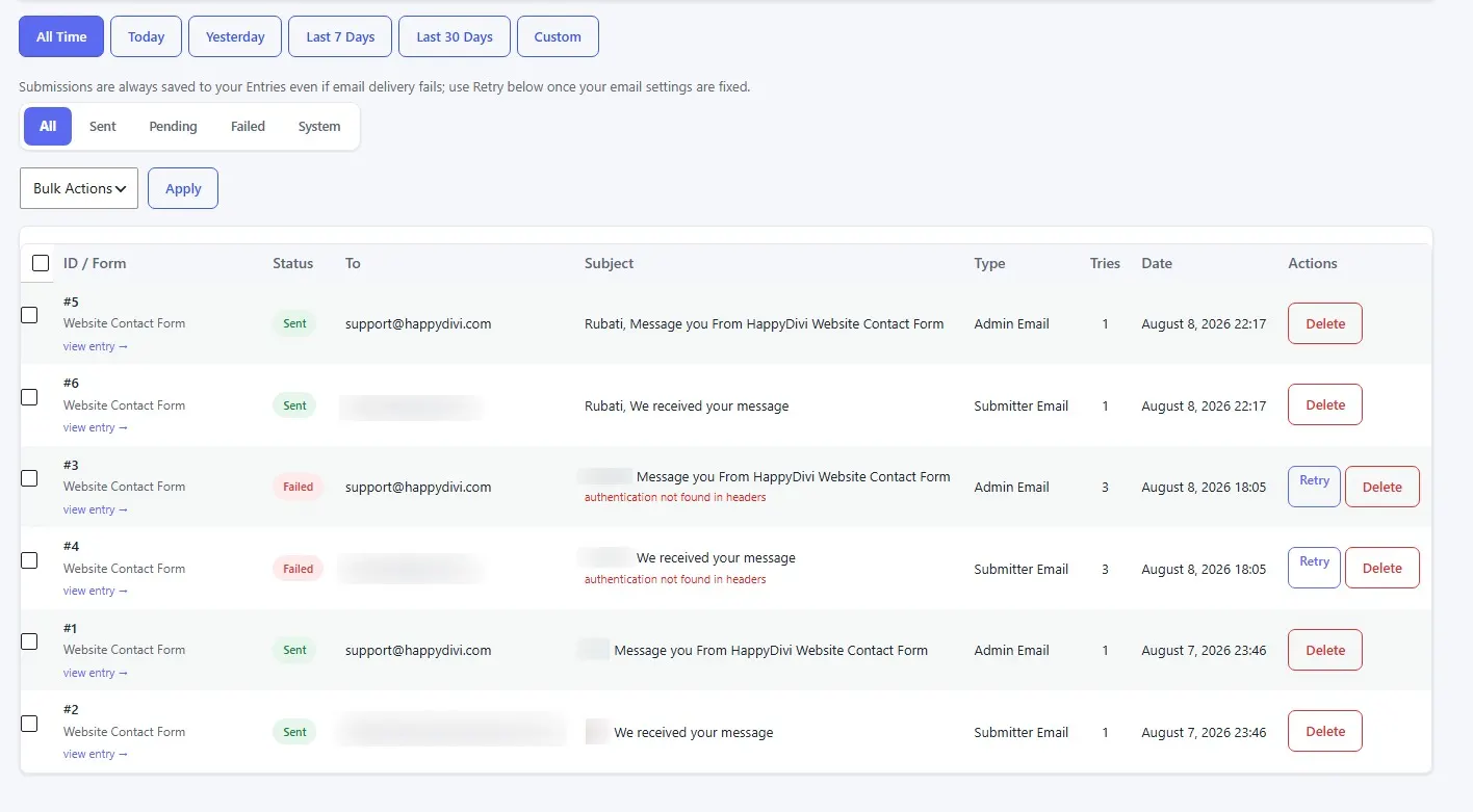 HappyDivi Form Email Log Dashboard HappyDivi Form Email Log Dashboard