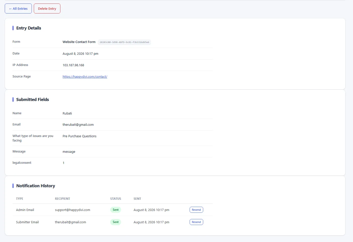 HappyDivi Form Notification History Dashboard HappyDivi Form Notification History Dashboard