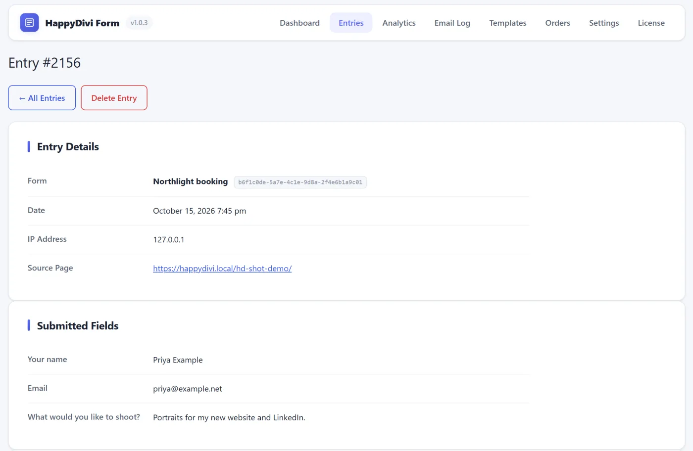 A booking saved in WordPress: the entry screen of HappyDivi Form with the visitor's name, email and message