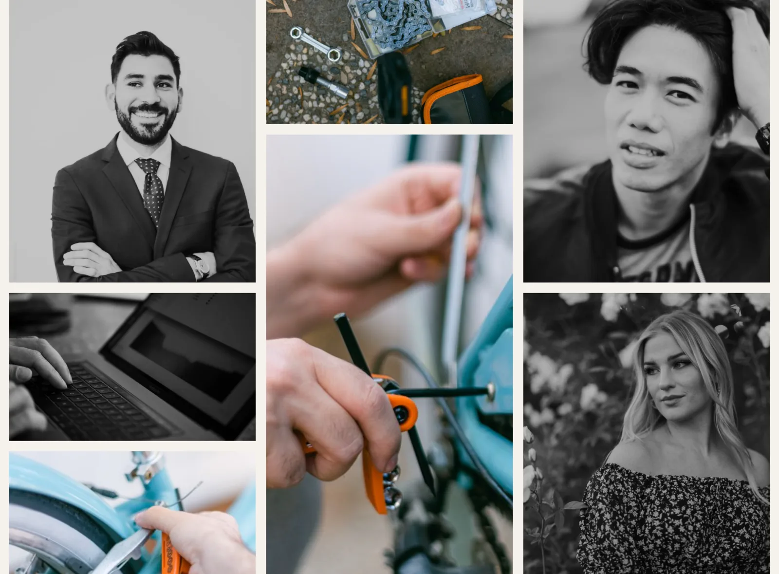 A masonry gallery of portraits and product shots, made with one HappyDivi Gallery module