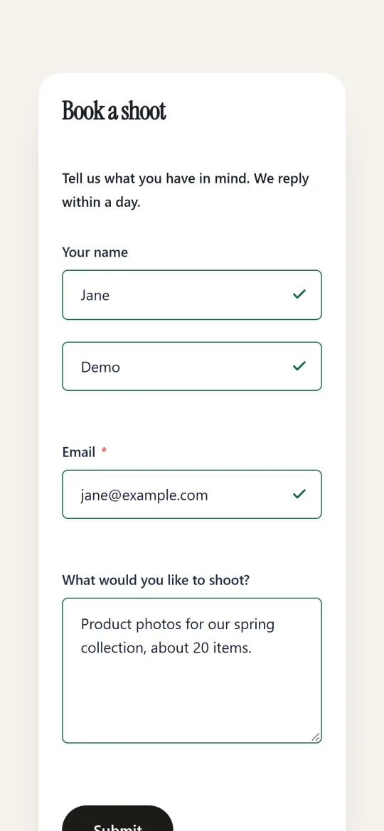 The same site on a phone: a HappyDivi Form booking form ticking each field as it is filled in